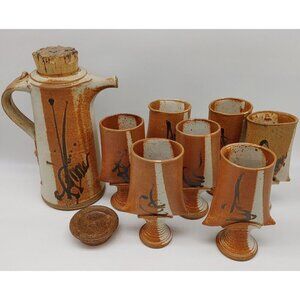 John Natale Vintage Pottery Brown Beige Clay Carafe with Cork Lid 7 Wine Cups